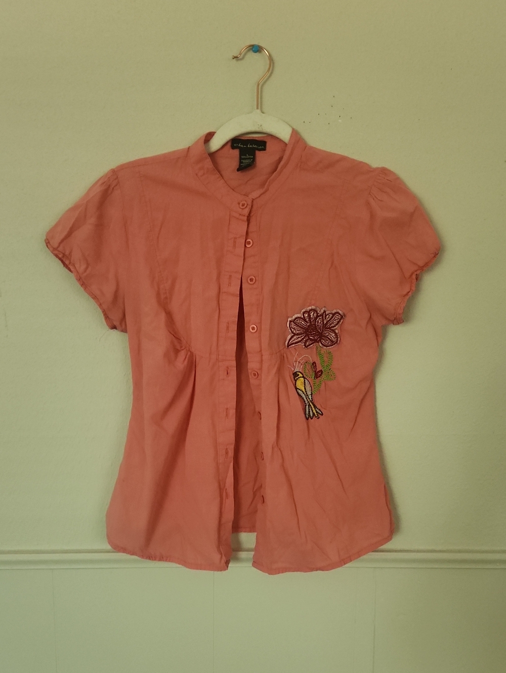 Urban Behavior Coral Short-Sleeve Button-Up Top with Embroidered Bird